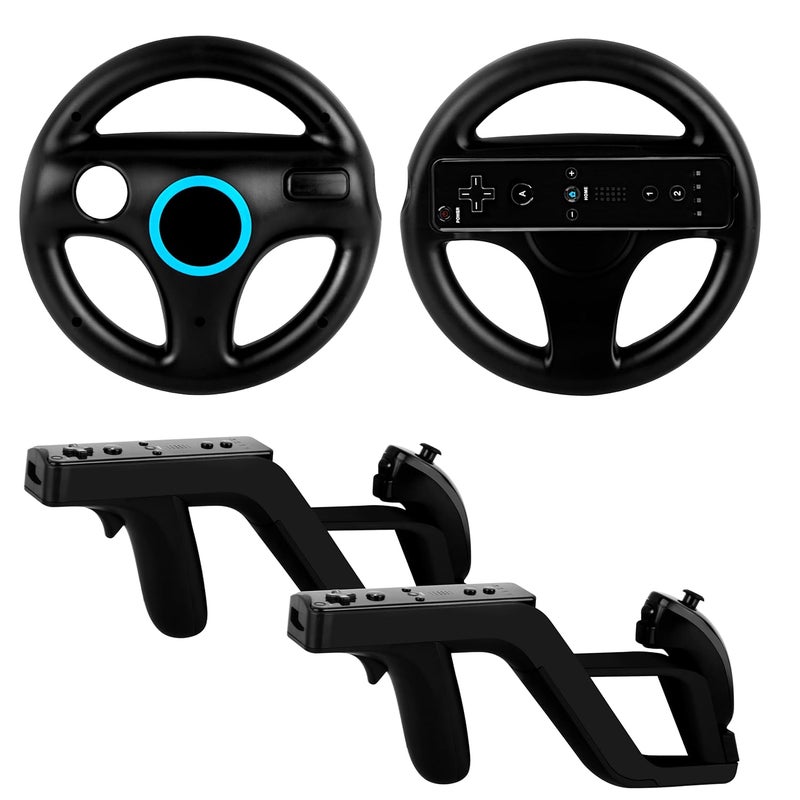DTianSir 4Pcs Mario Kart Steering Wheels and Zapper Light Gun Compatible with Nintendo Wii/Wii U Remote Controller(Black) [Video Game] - Image 1